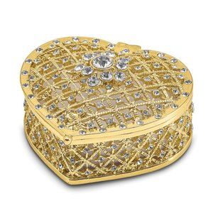 Luxury Pewter Gold-Tone Bejeweled Filigree Heart Box w Ring Pad Trinket Box